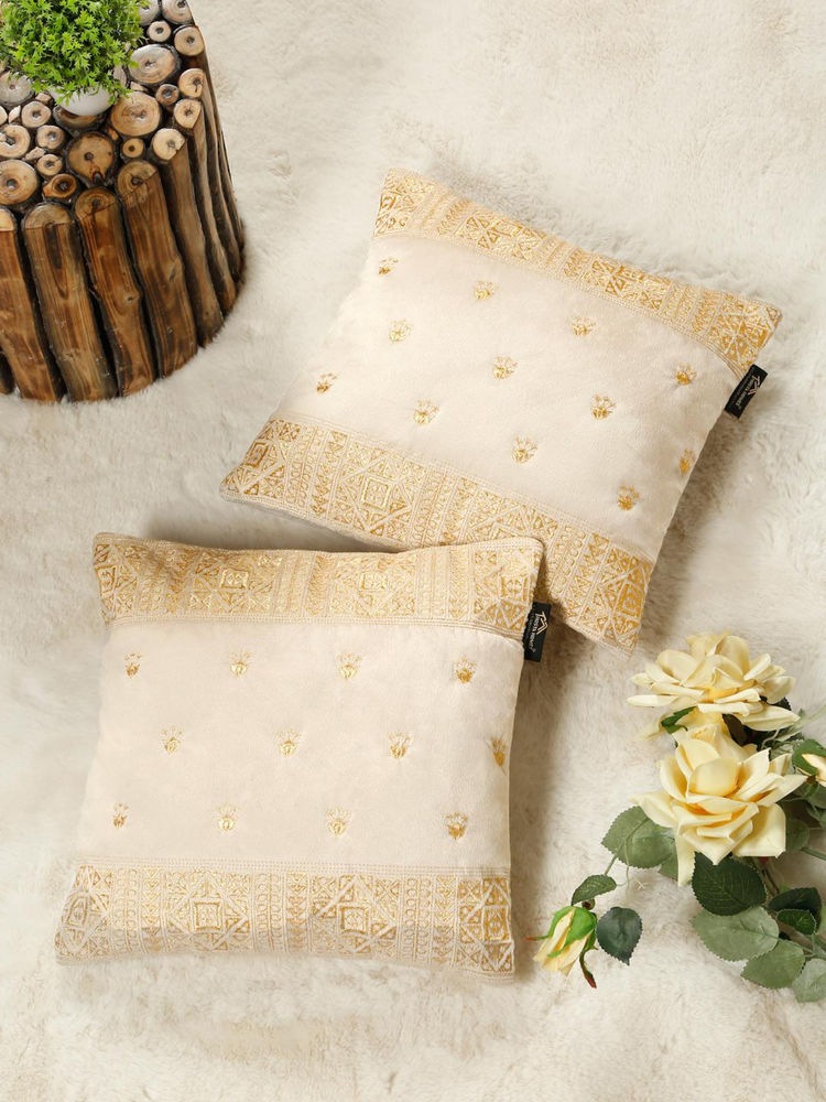 HOSTA HOMES Soft Velvet Geometric Embellished Cushion Covers Cream (Pack of 2) (16x16 Inches)-picture-41