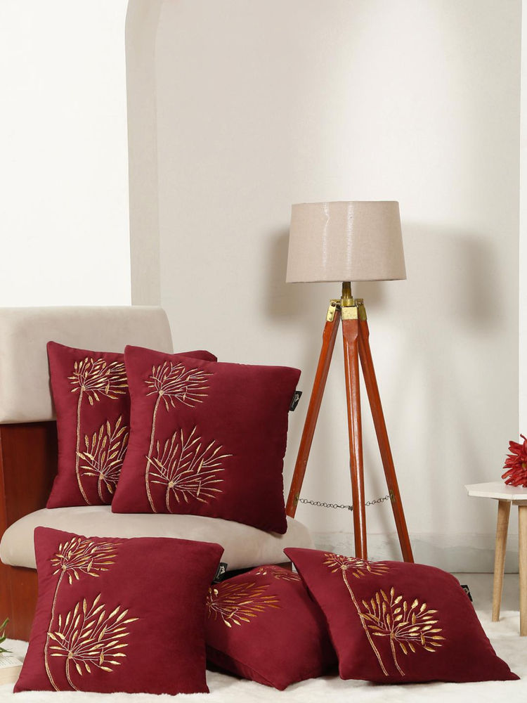 HOSTA HOMES Soft Velvet Leaf Pattern Embellished Cushion Covers Maroon (Pack of 5) (16x16 Inches)-picture-2