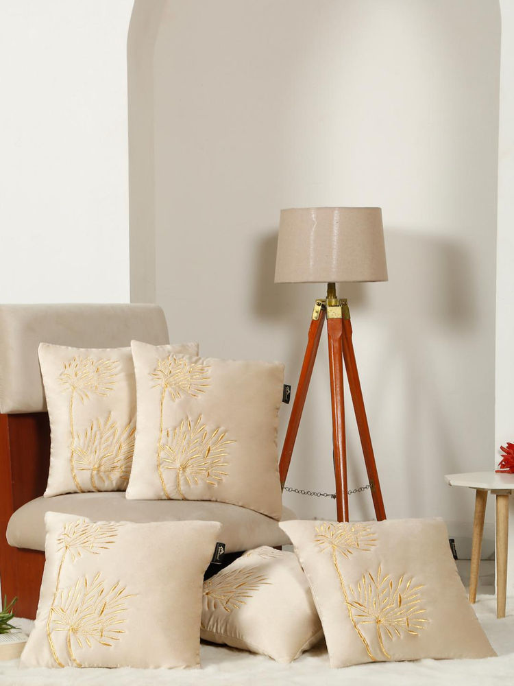 HOSTA HOMES Soft Velvet Leaf Pattern Embellished Cushion Covers Cream (Pack of 5) (16x16 Inches)-image-48