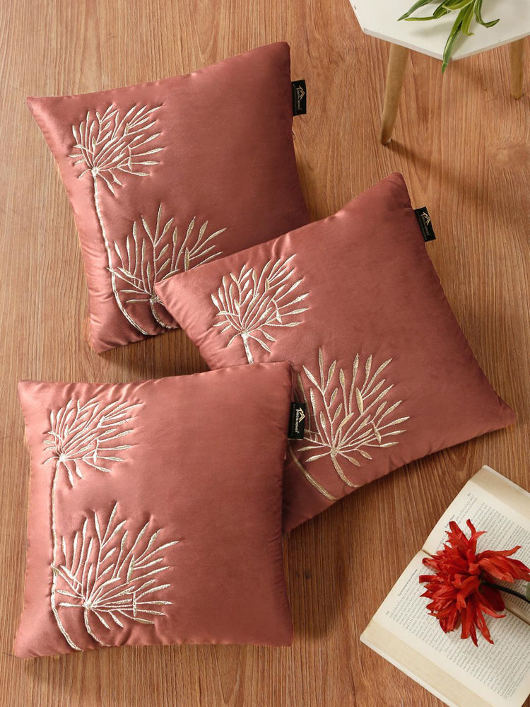HOSTA HOMES Soft Velvet Leaf Pattern Embellished Cushion Covers Peach (Pack of 3) (16x16 Inches)-picture-11