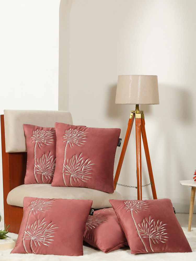HOSTA HOMES Soft Velvet Leaf Pattern Embellished Cushion Covers Peach (Pack of 5) (16x16 Inches)-picture-29
