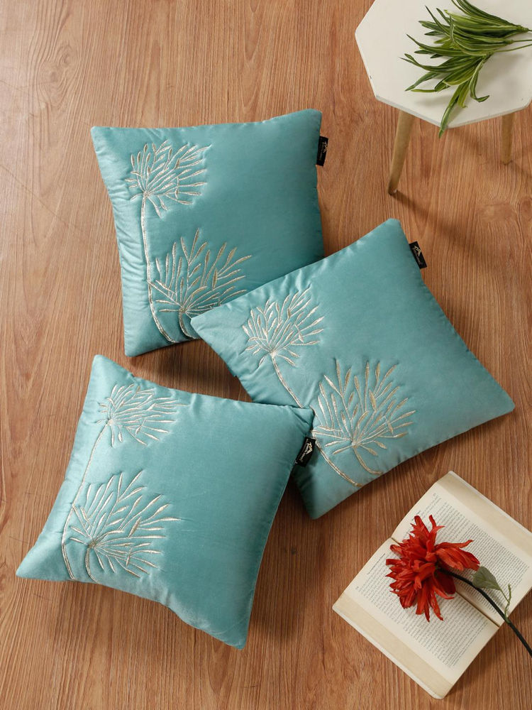 HOSTA HOMES Soft Velvet Leaf Pattern Embellished Cushion Covers Aqua (Pack of 3) (16x16 Inches)-picture-38