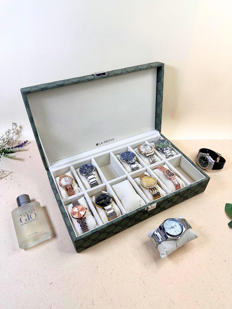 La Trove Olive Green Designer Leather 12 Slot Watch Storage Organizer Display Box-image-36