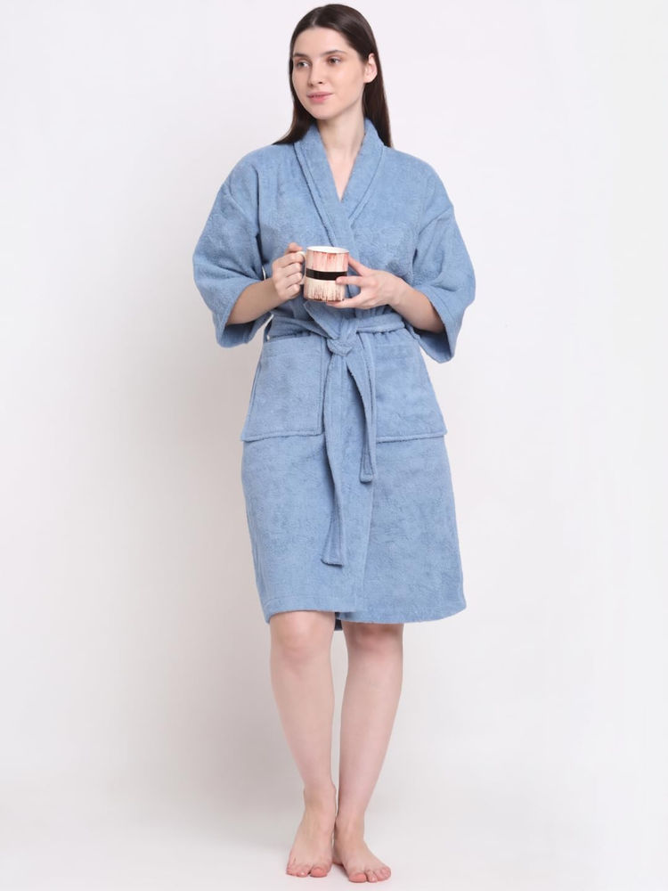 Creeva Women Terry Sky Blue Soft Absorbent Bath Robe-picture-12
