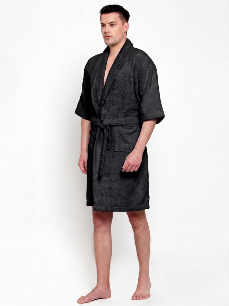 Creeva Unisex Terry Black Soft Absorbent Bath Robe-image-19