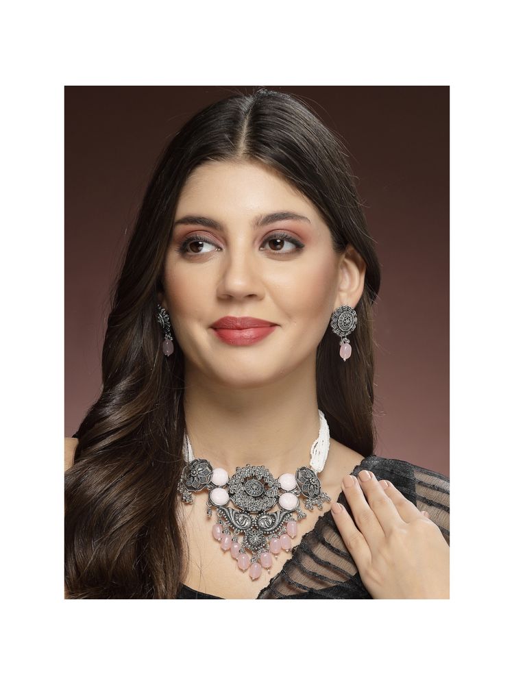 ADIVA Silver-Plated Pink Stone and Pearls Peacock Shaped Oxidised Jewellery Set-picture-40