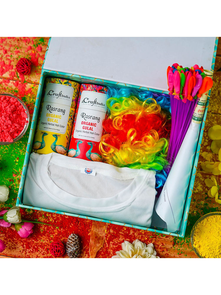 eCraftIndia Holi Gift Hamper Holi Colors, Balloons Cap, Tshirt & Air Horn Trumpet-image-0