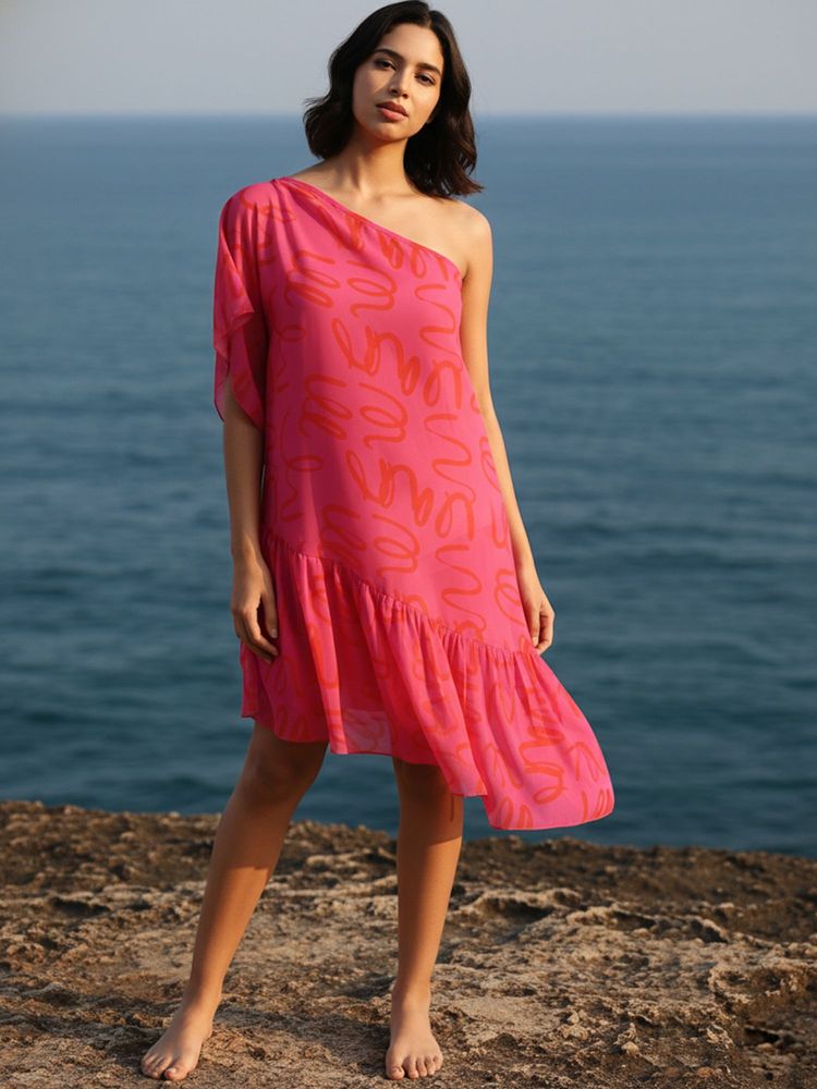 AOBA Women Pink Abstract Printed Relaxed Fit Semi Sheer Swimwear Cover Up Dress-image-5