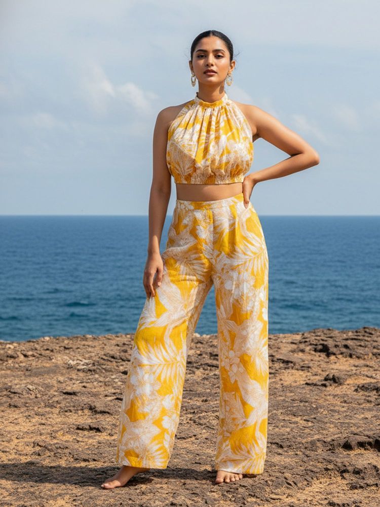 AOBA Women Yellow Floral Printed Beachwear Co-Ord (Set of 2)-image-6