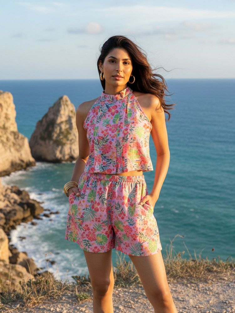 AOBA Womens Pink and Red Floral Printed Beachwear Co-Ords (Set of 2)-picture-19