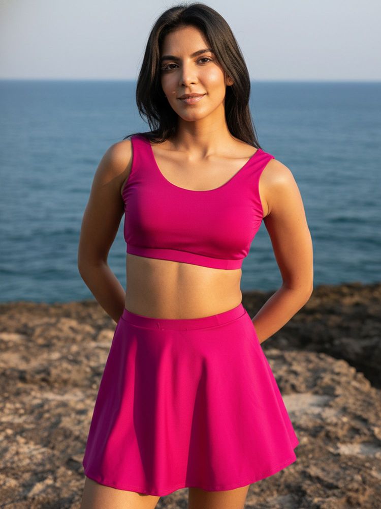 AOBA Women Magenta Solid Swim Top with Skirt (Set of 2)-image-40