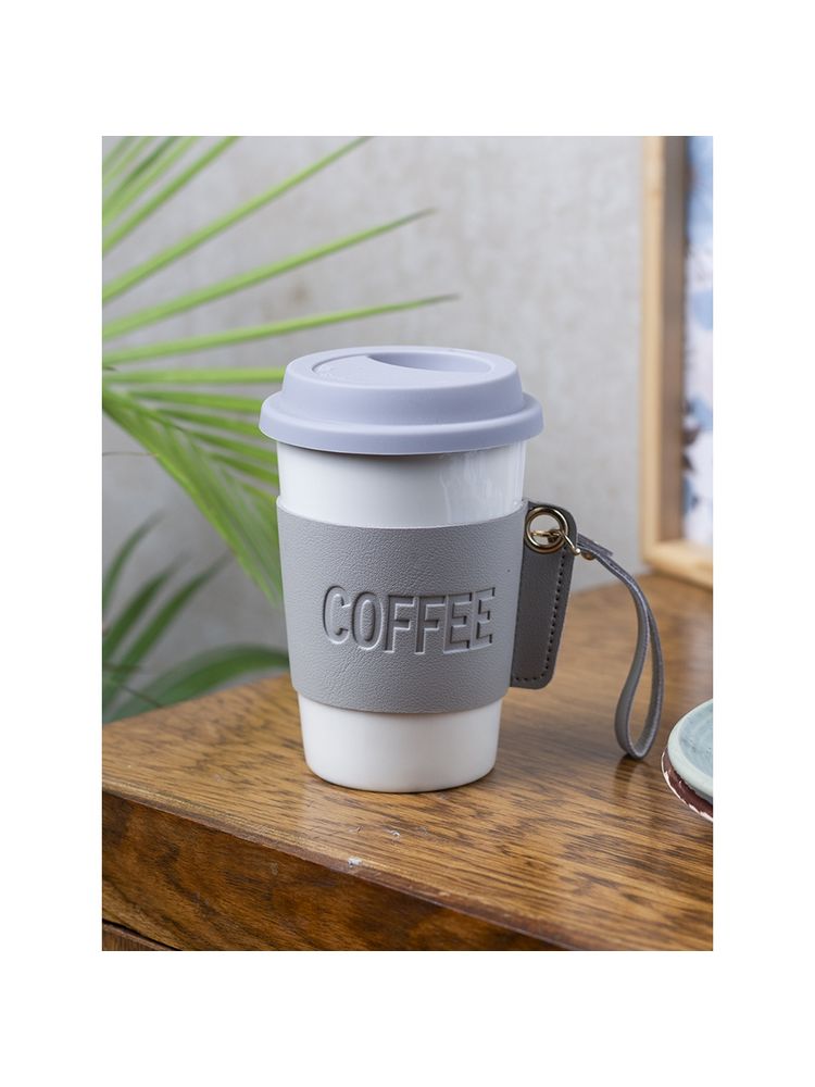 Voncasa Grey Ceramic Sipper - Leather Grip, 350ml-picture-3