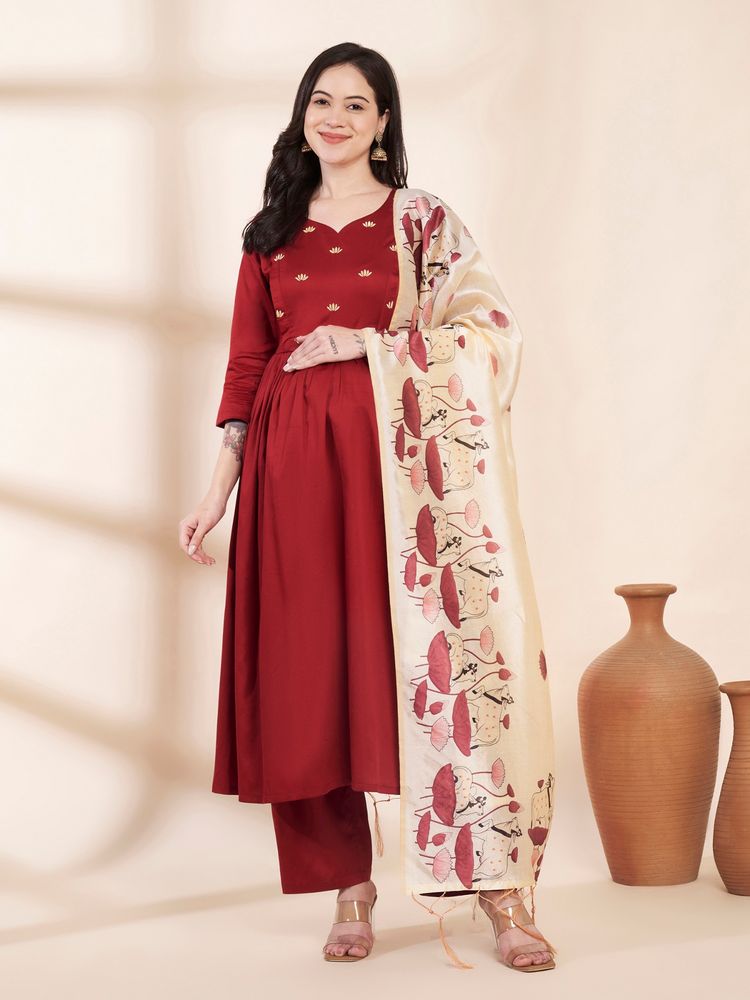 Secret Wish Maroon Glace Cotton Maternity Kurta with Trouser & Silk Dupatta-picture-15