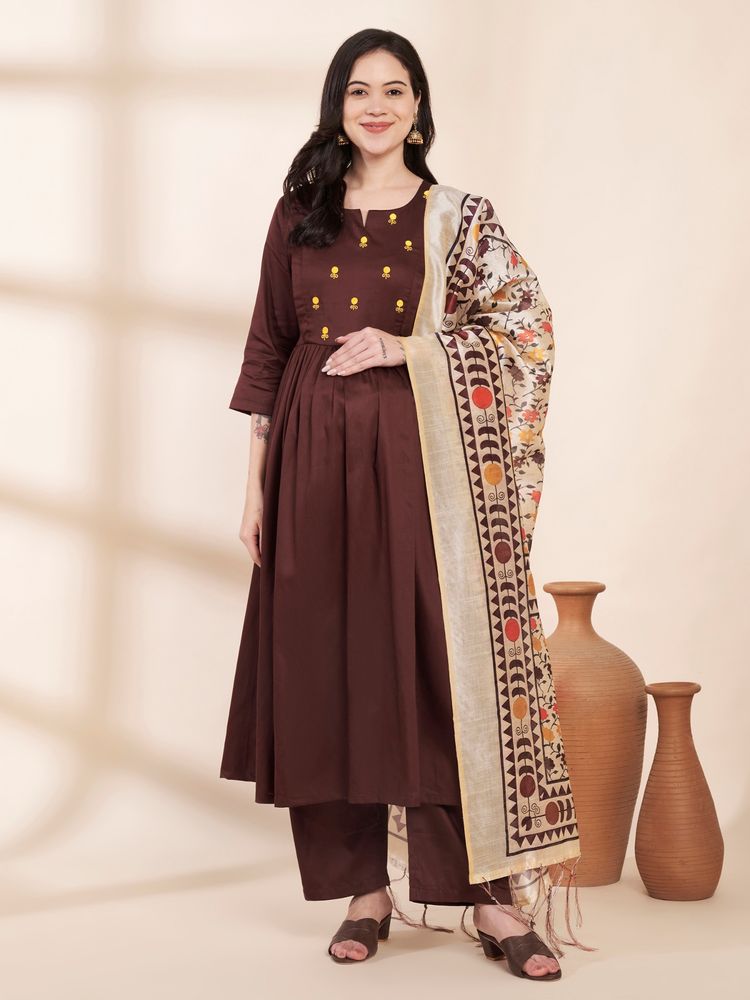 Secret Wish Brown Glace Cotton Maternity Kurta with Trouser & Silk Dupatta-image-29