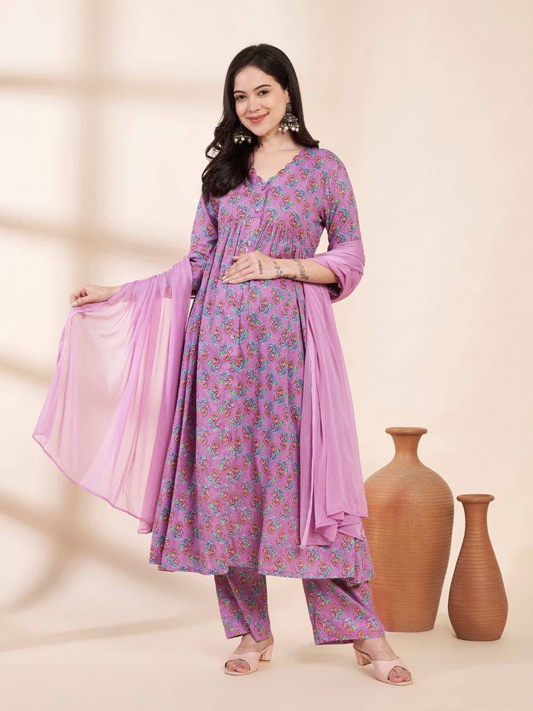 Secret Wish Lavender Floral Cotton Maternity Kurta with Trouser & Dupatta-picture-20