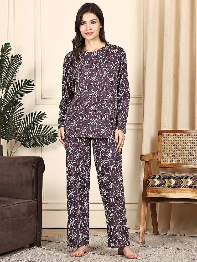 Kanvin Women Purple Printed Full Sleeves Night Suit-image-28