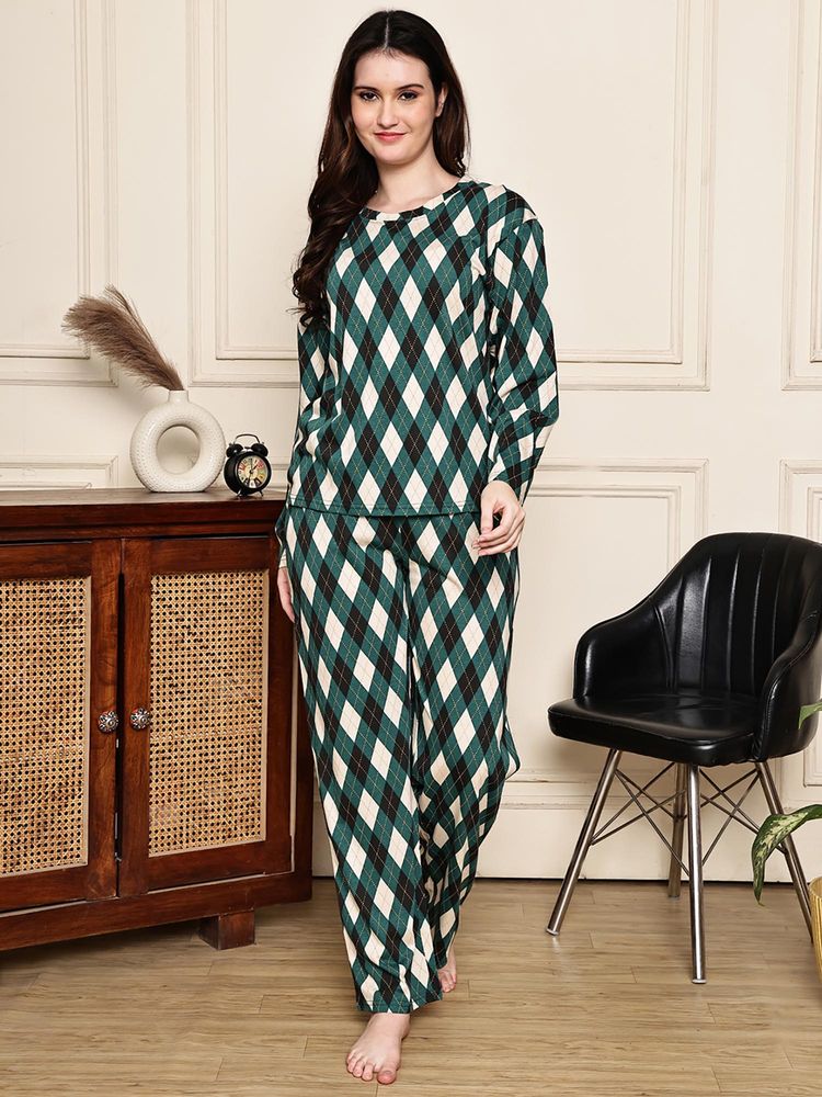 Kanvin Women Green Geometric Full Sleeves Night Suit-image-4