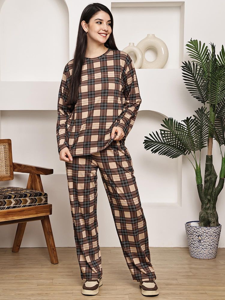 Kanvin Women Brown Checks Full Sleeves Night Suit-image-38