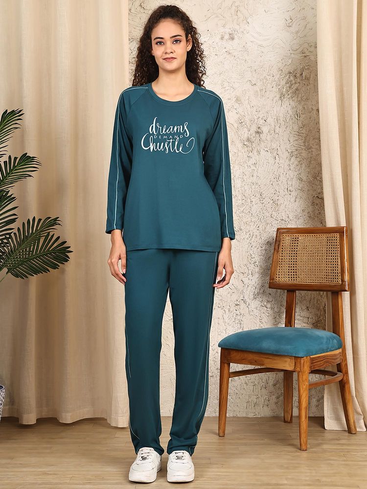 Kanvin Women Teal Printed Full Sleeves Night Suit-image-39