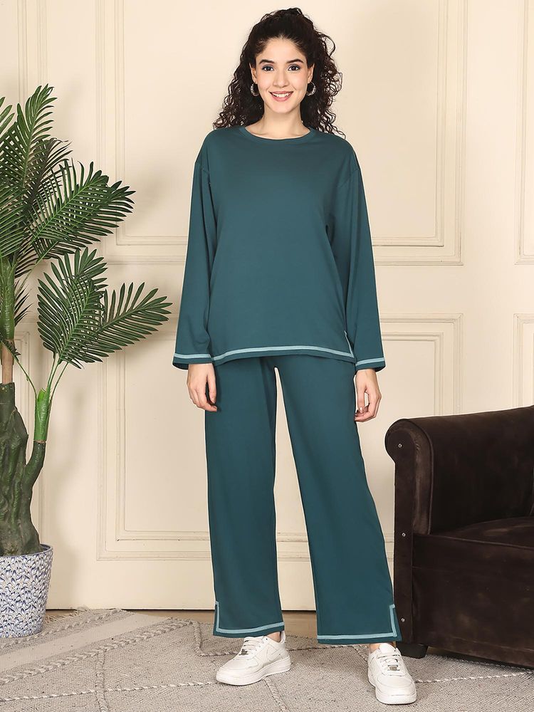 Kanvin Women Teal Solid Full Sleeves Night Suit-picture-24