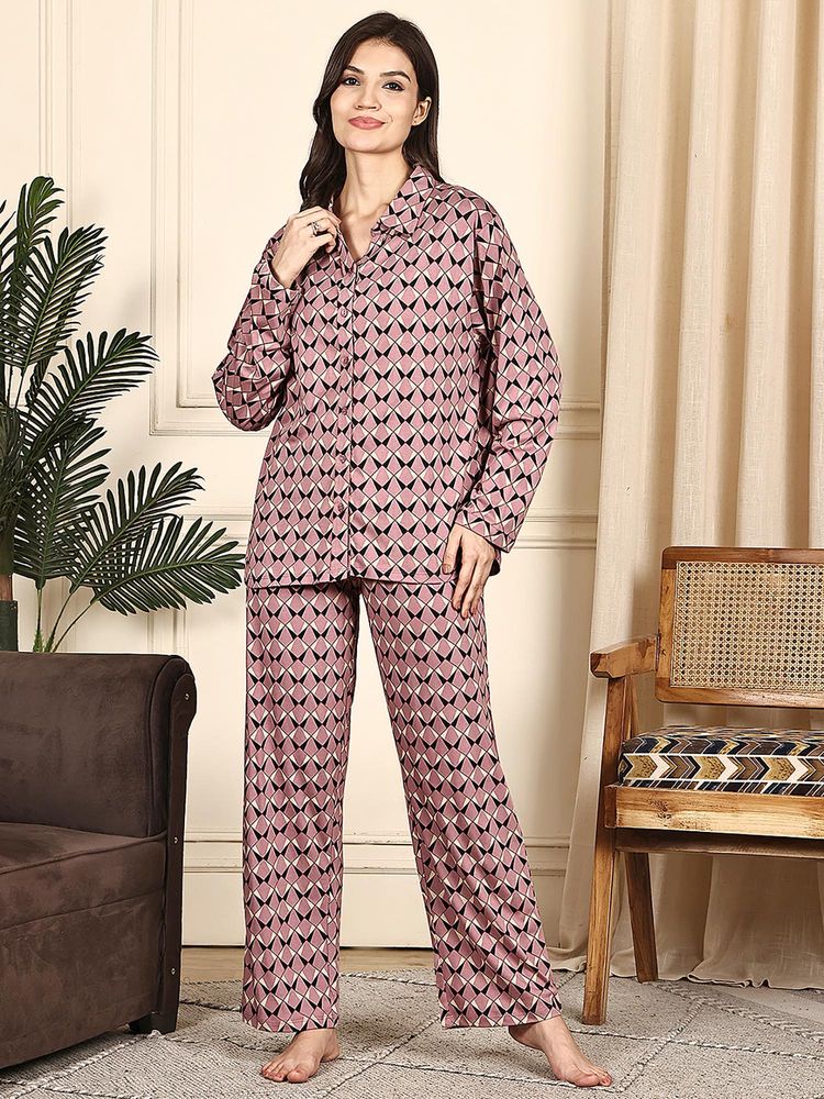 Kanvin Women Pink Geometric Full Sleeves Night Suit-picture-18