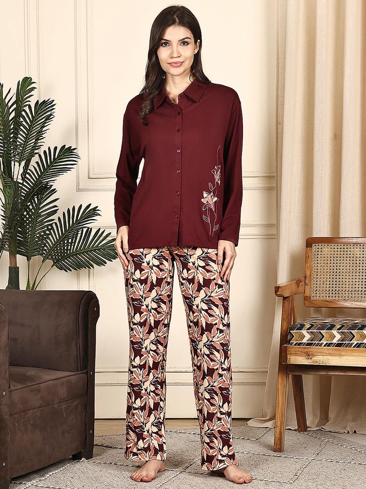Kanvin Women Red Floral Printed Full Sleeves Night Suit-picture-20