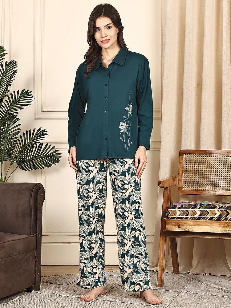 Kanvin Women Teal Floral Printed Full Sleeves Night Suit-picture-25