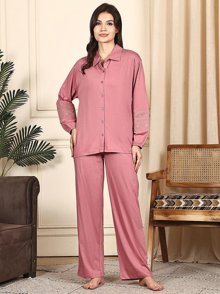 Kanvin Women Pink Solid Full Sleeves Night Suit-picture-27