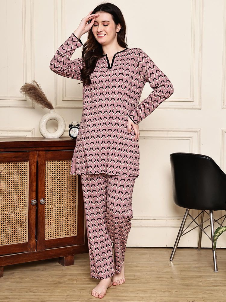 Kanvin Women Pink Geometric Full Sleeves Night Suit-picture-21