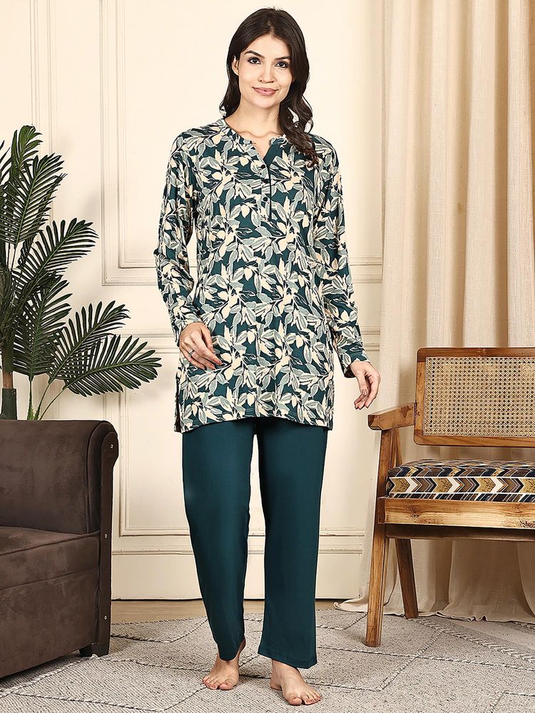Kanvin Women Green Floral Printed Full Sleeves Night Suit-image-2