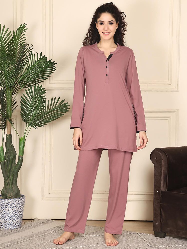 Kanvin Women Pink Solid Full Sleeves Night Suit-picture-19