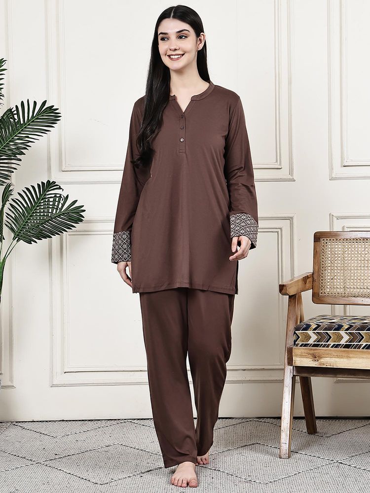 Kanvin Women Brown Solid Full Sleeves Night Suit-picture-23