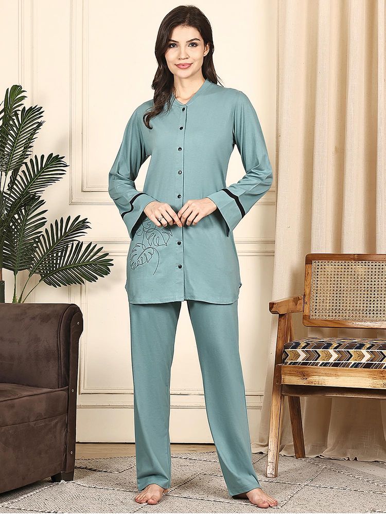 Kanvin Women Green Embroidered Full Sleeves Night Suit-image-8