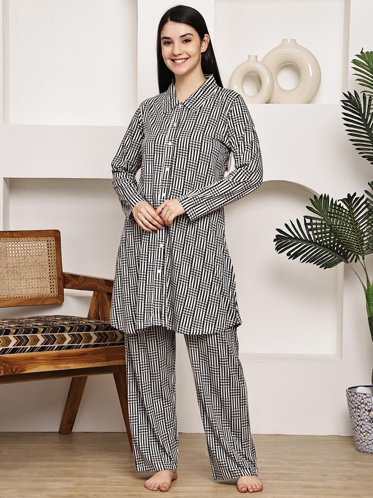 Kanvin Women Black Geometric Full Sleeves Night Suit-image-13