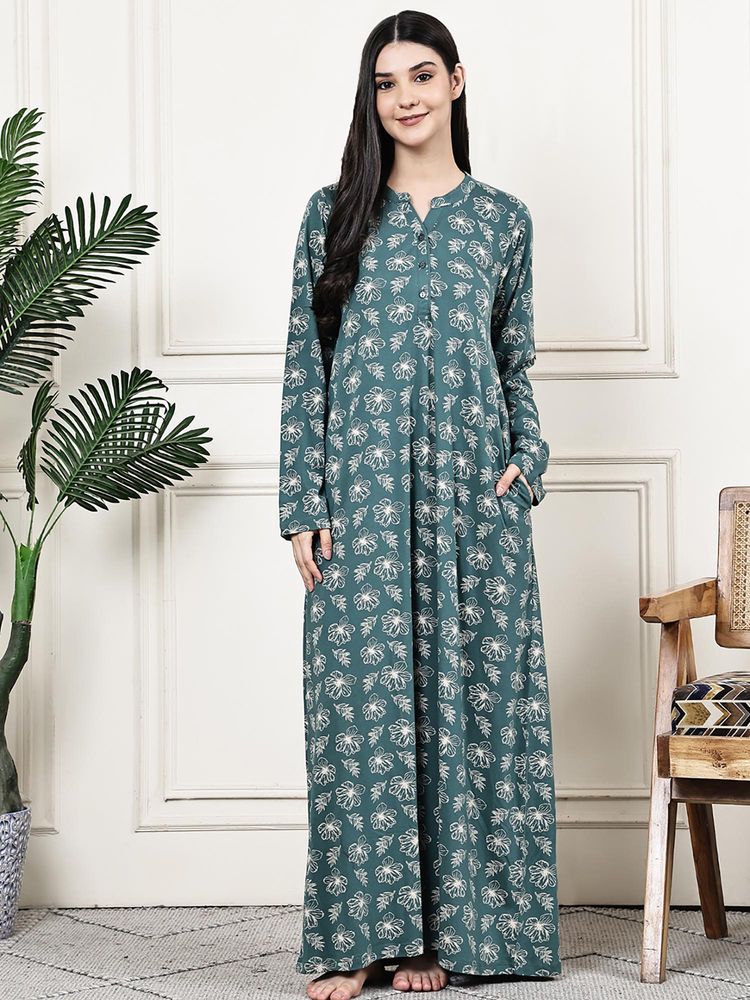 Kanvin Women Teal Floral Printed Full Sleeves Long Nighty-image-36