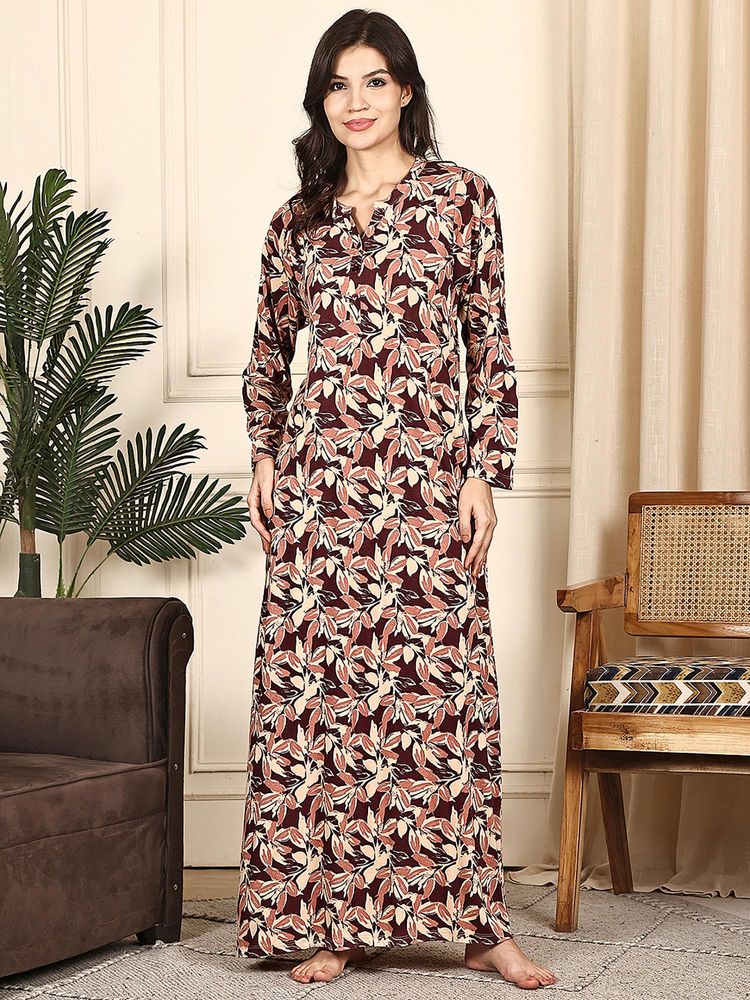 Kanvin Women Maroon Floral Printed Full Sleeves Long Nighty-picture-10