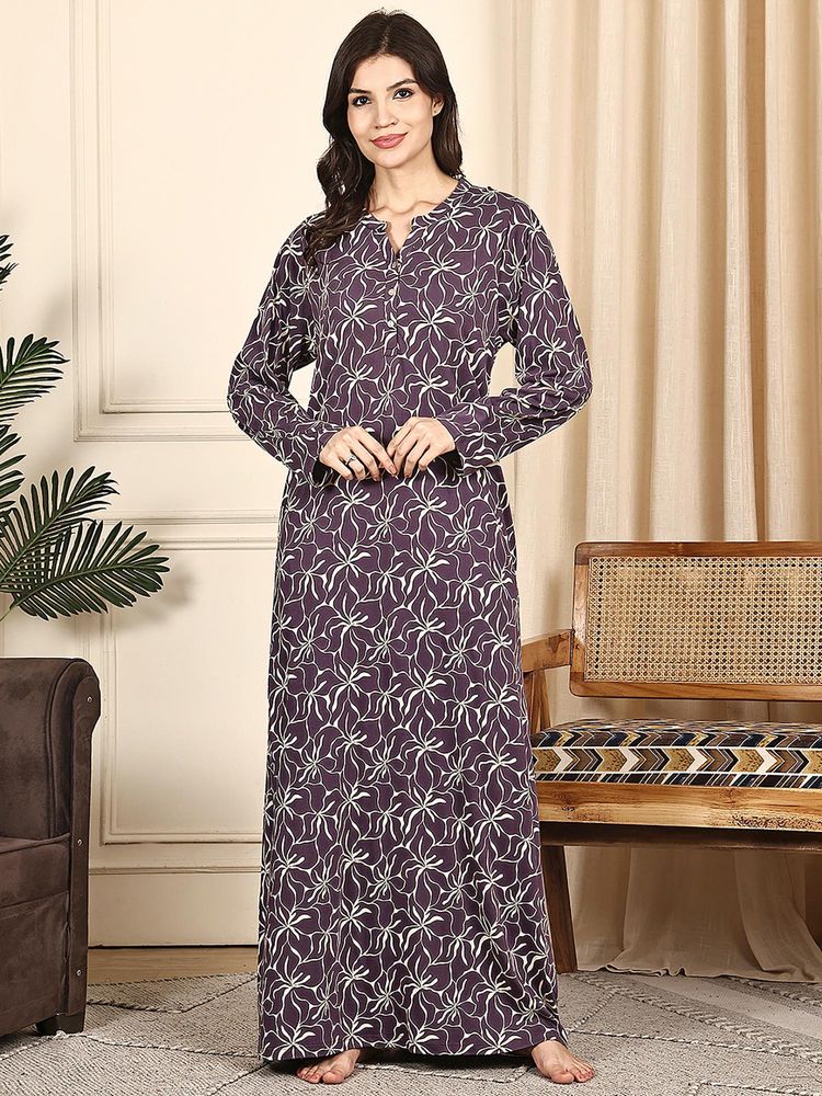 Kanvin Women Purple Floral Printed Full Sleeves Long Nighty-image-37