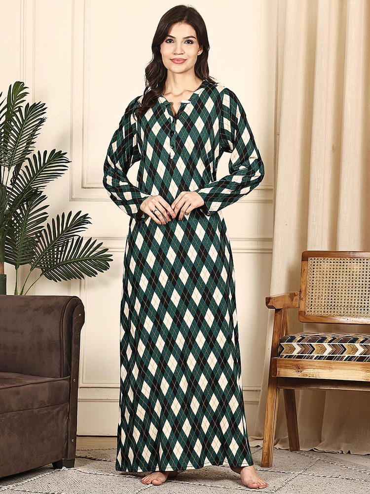 Kanvin Women Green Geometric Full Sleeves Long Nighty-image-14