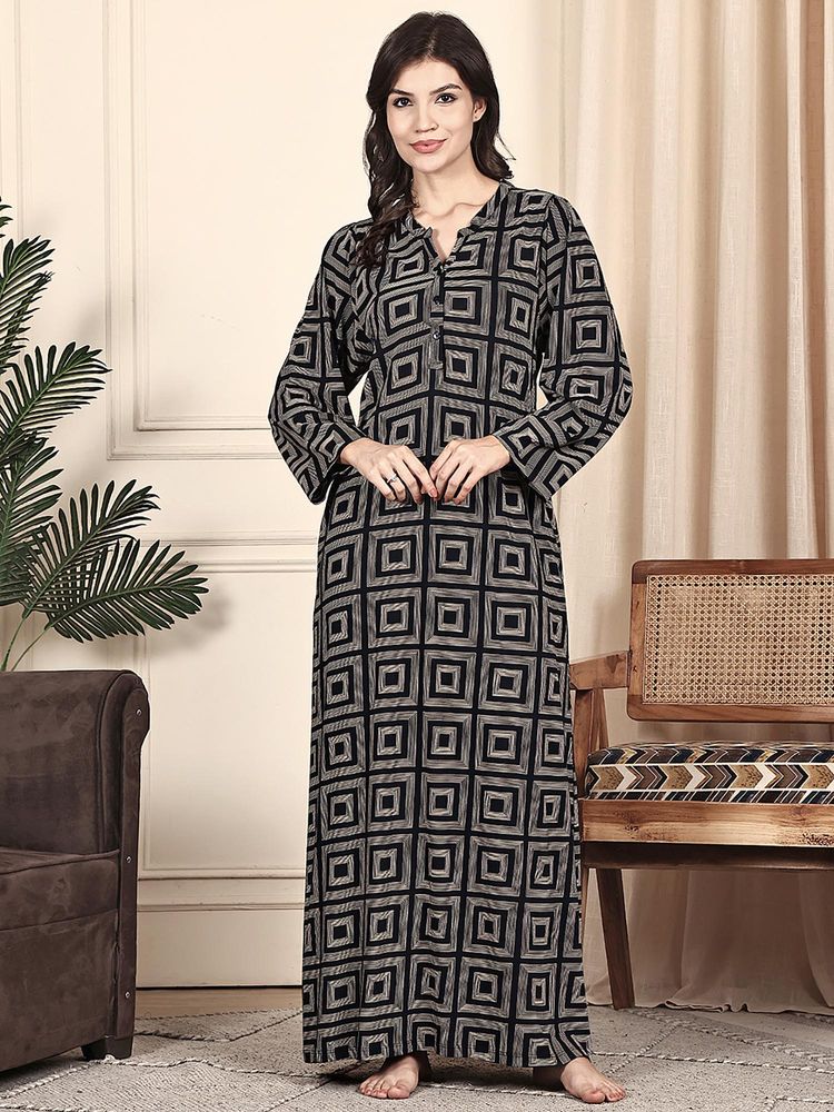 Kanvin Women Black Geometric Full Sleeves Long Nighty-picture-15