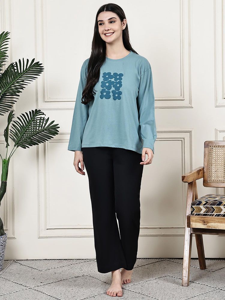 Kanvin Women Blue Printed Full Sleeves Night Suit-image-1