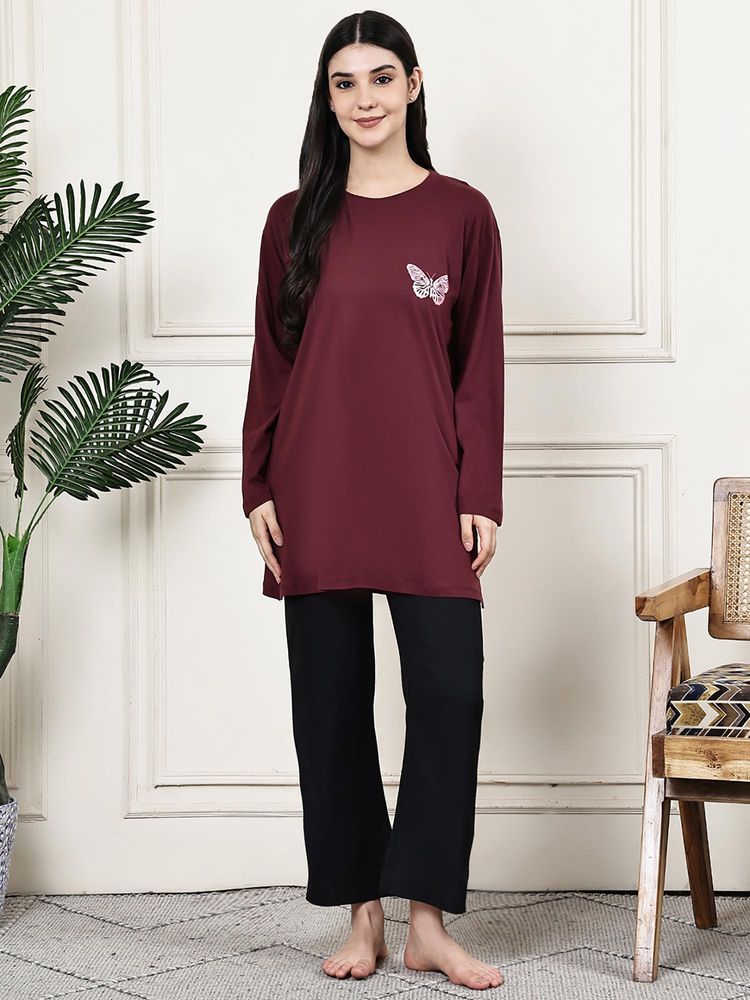 Kanvin Women Maroon Printed Full Sleeves Night Suit-picture-28