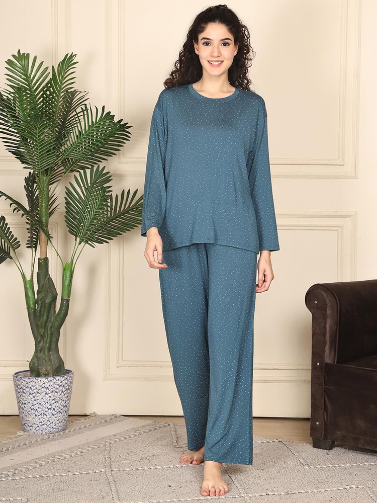 Kanvin Women Teal Polka Dots Full Sleeves Night Suit-image-36