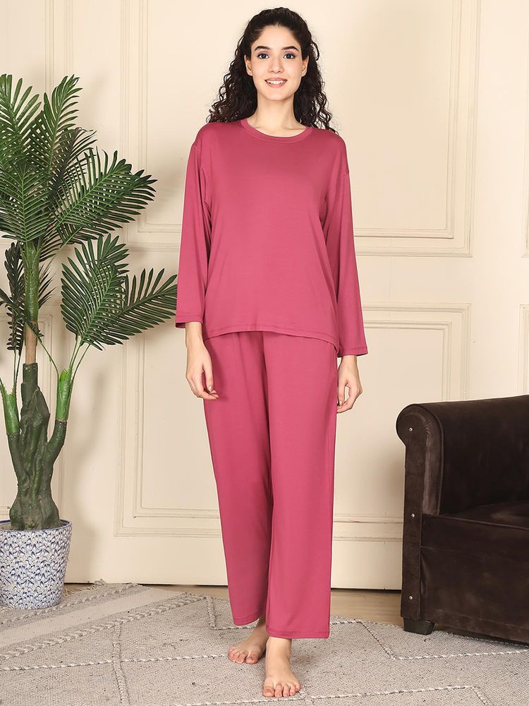 Kanvin Women Pink Solid Full Sleeves Night Suit-picture-17