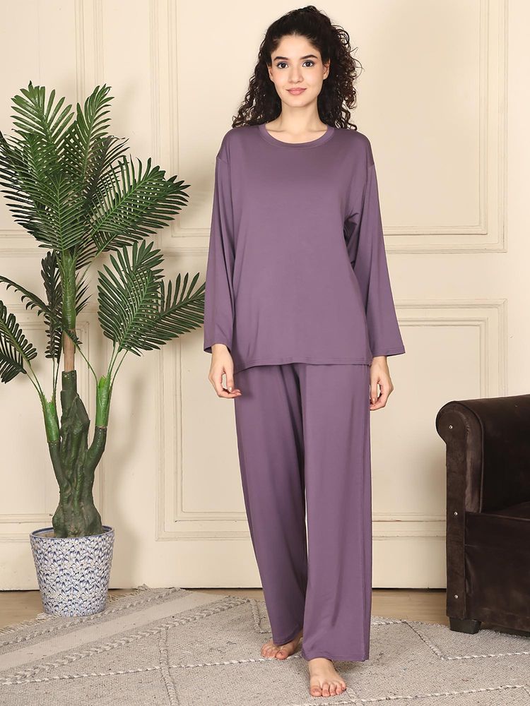 Kanvin Women Purple Solid Full Sleeves Night Suit-image-6