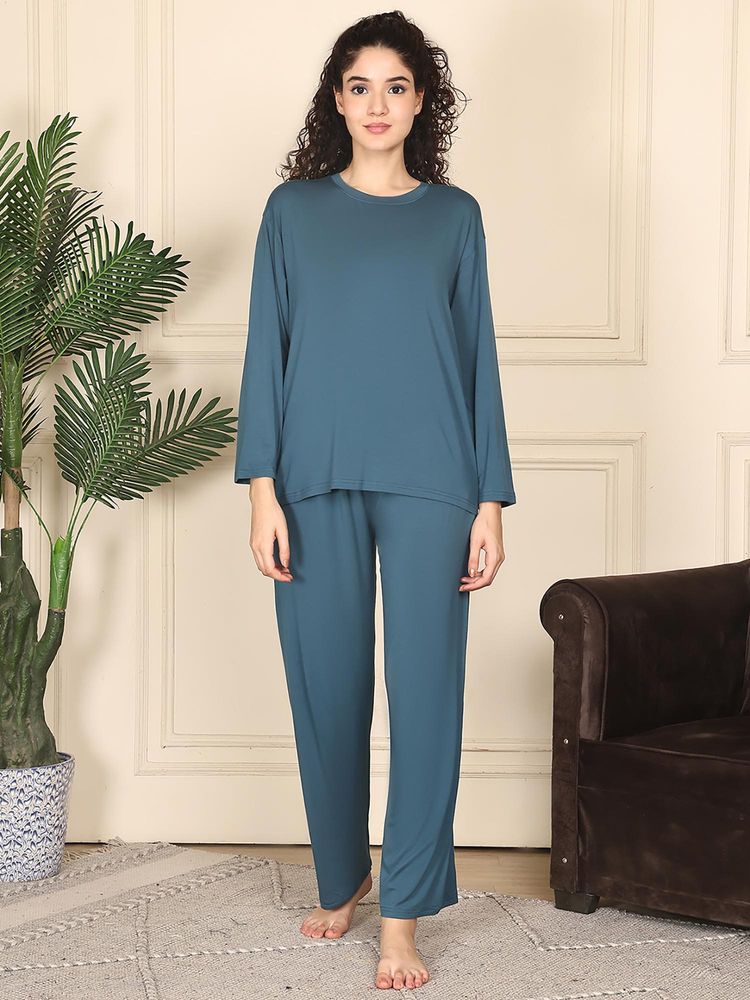 Kanvin Women Teal Solid Full Sleeves Night Suit-image-38