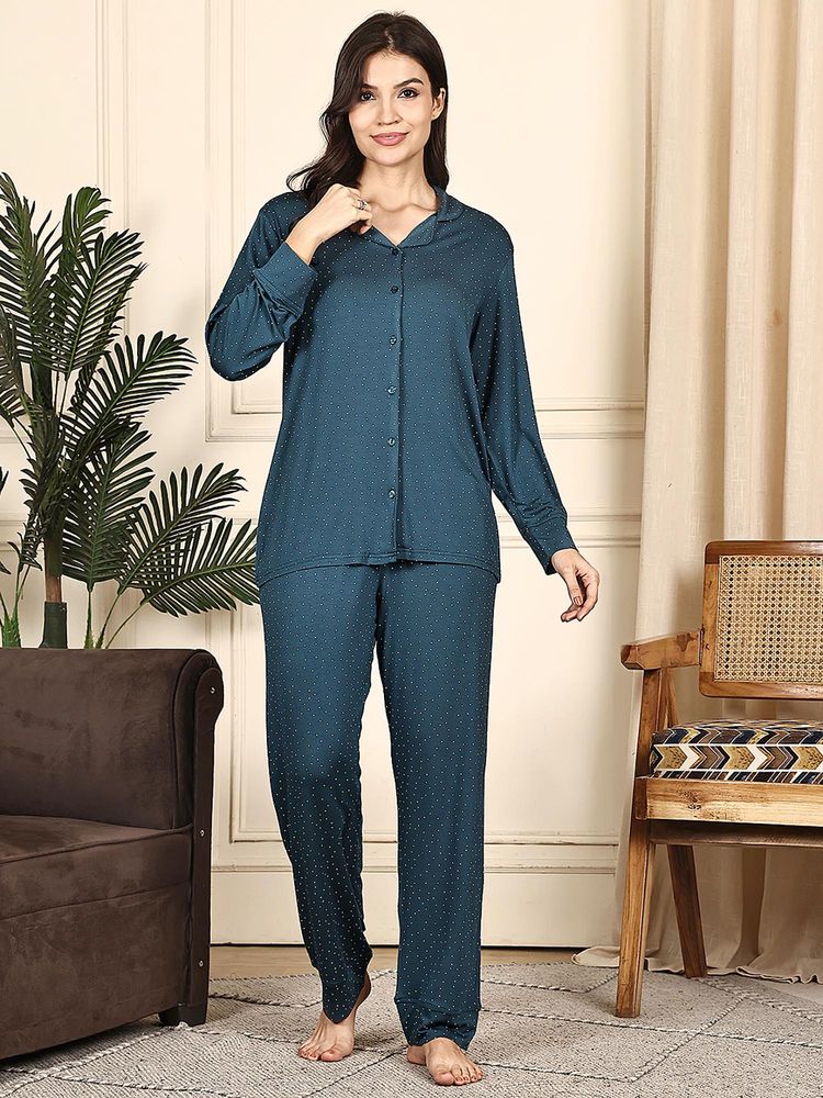 Kanvin Women Teal Polka Dots Full Sleeves Night Suit-picture-10