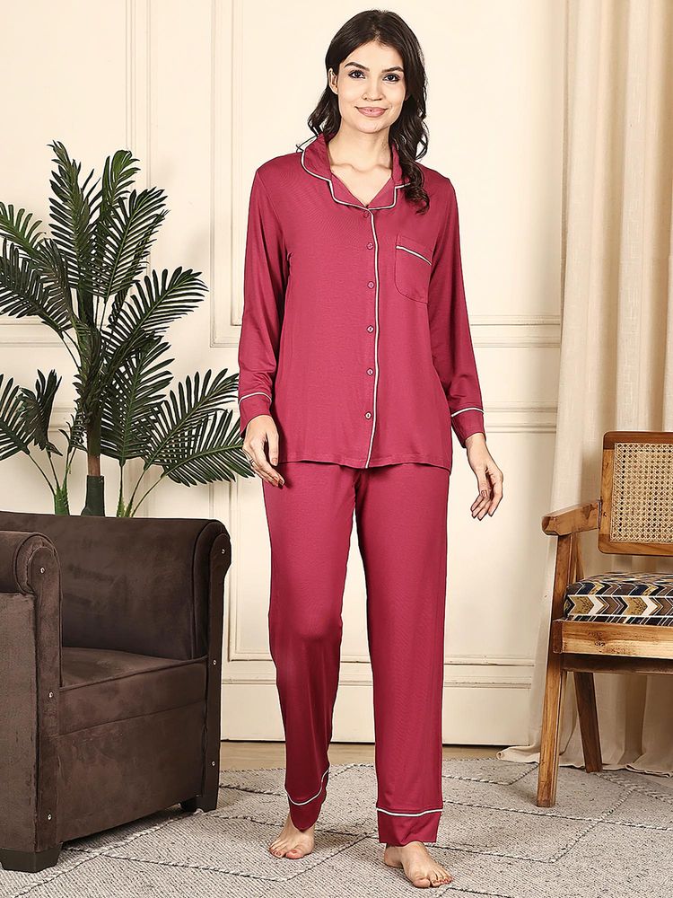 Kanvin Women Red Solid Full Sleeves Night Suit-image-2