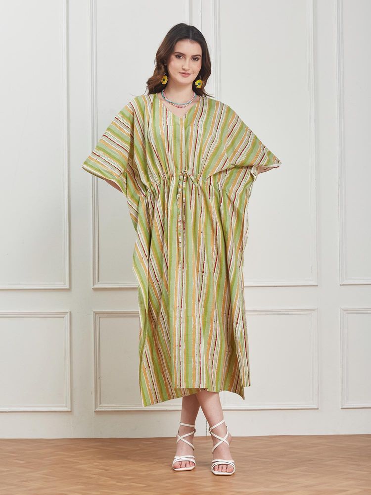 Secrets By ZeroKaata Women Green Striped Pure Cotton Kaftan Nightdress-picture-38