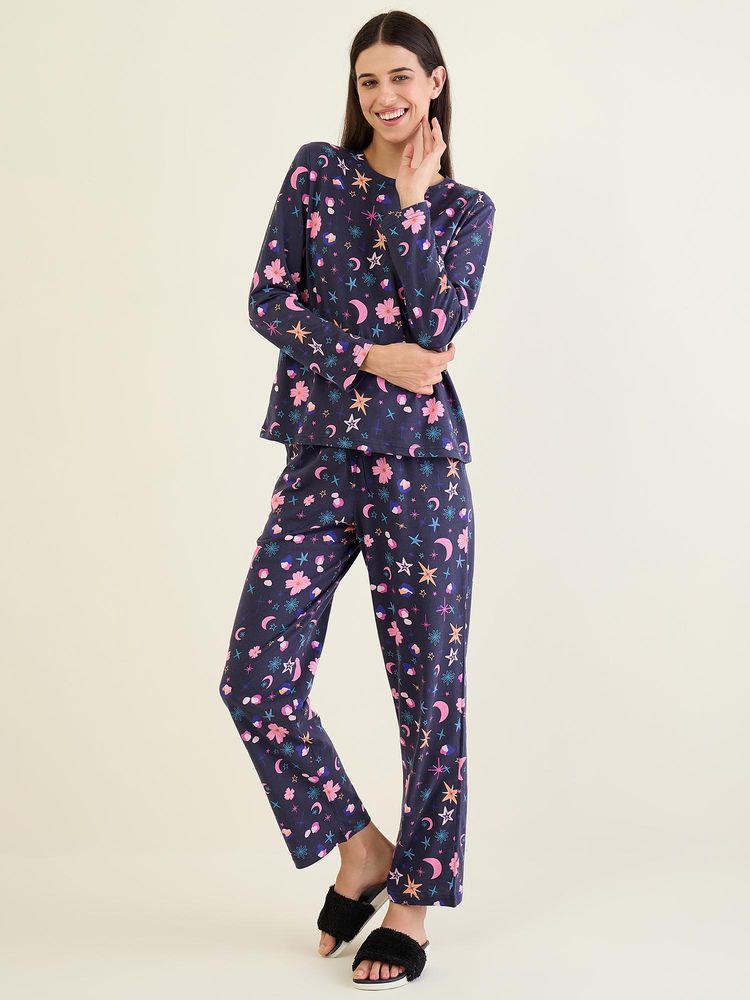 Sweet Dreams Women Navy Blue Floral printed Full Sleeves Top and Pajama-picture-16