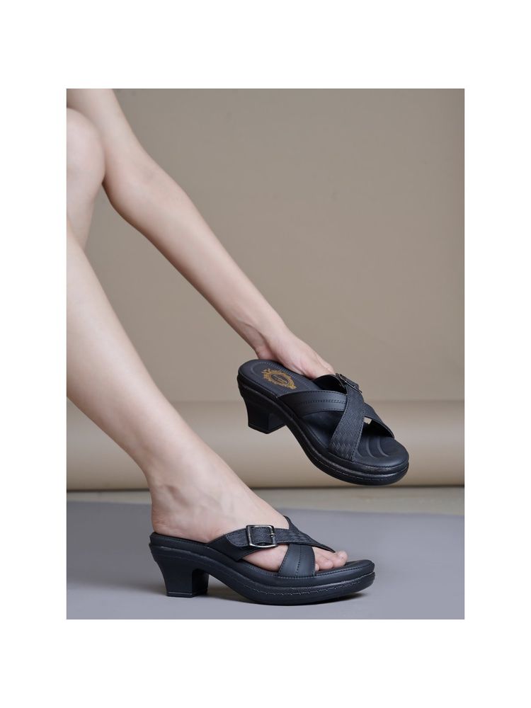 Shoetopia Comfortable Black Doctor Sole Block Heels Sandals for Women-image-31